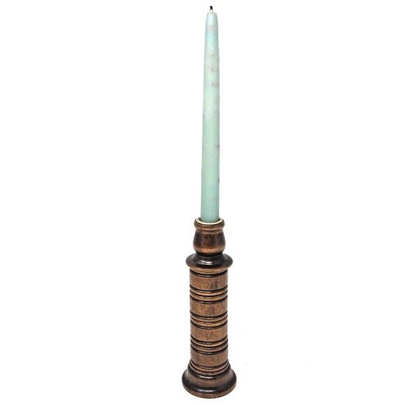 HOMCO Wooden Spool Candlestick Holders Brass Inserts Felted Bottom VTG Set of 2 - Picture 7 of 9